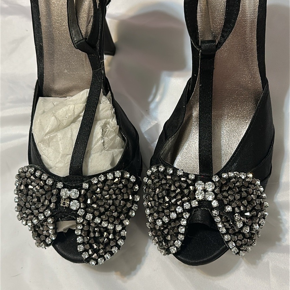 Black Satin T-Strap Platform Pumps with Crystal‎ Studded Bow Peep Toe Heels